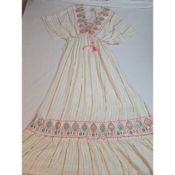 ananta size L/XL cream Boho flowy maxi dress embroidered gold striped New - Picture 11 of 16